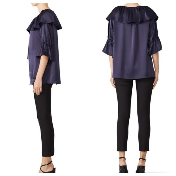 Osman Navy Frilled Blouse Satin Blue Medium - Picture 2 of 7